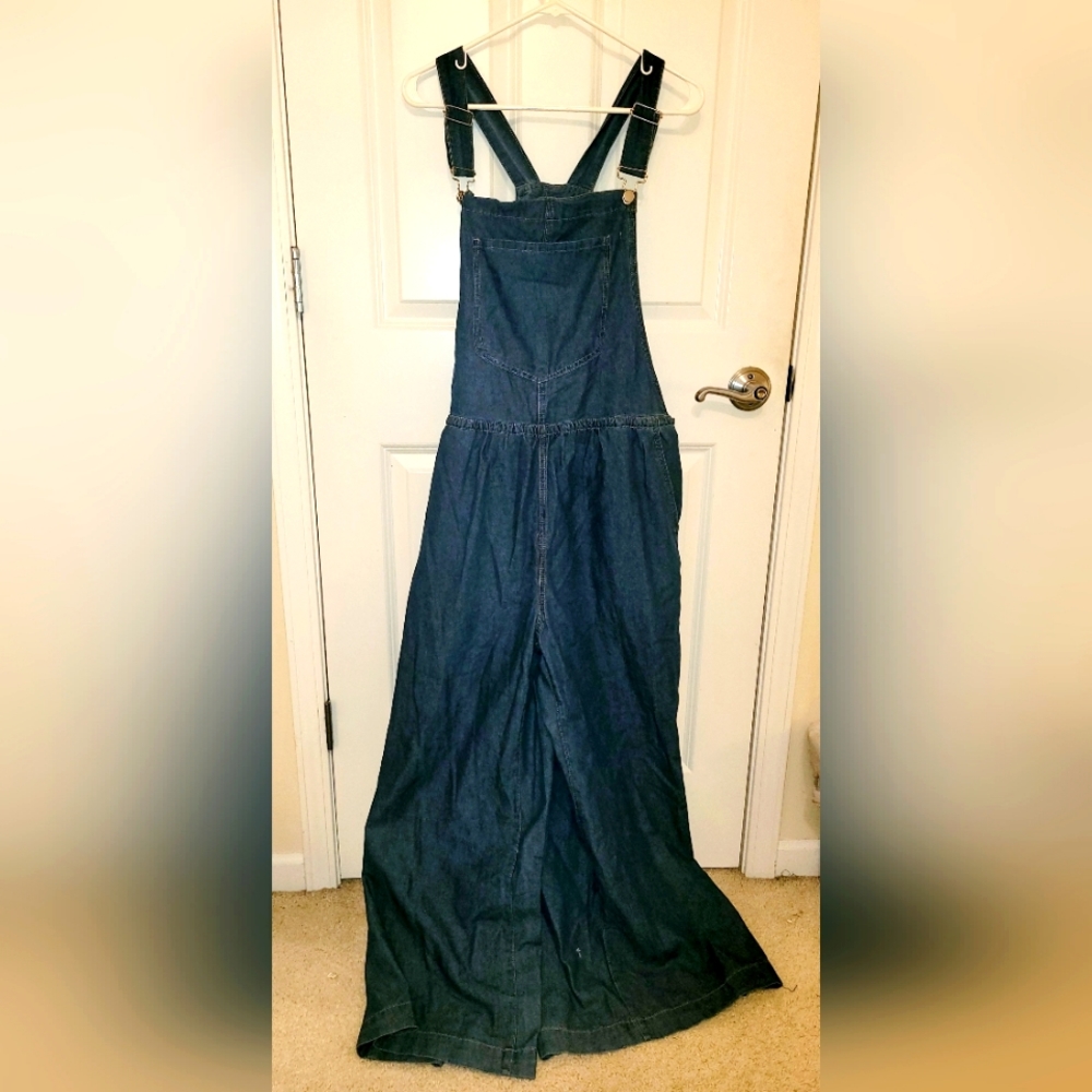 NWOT denim overalls, modern cut, wide leg